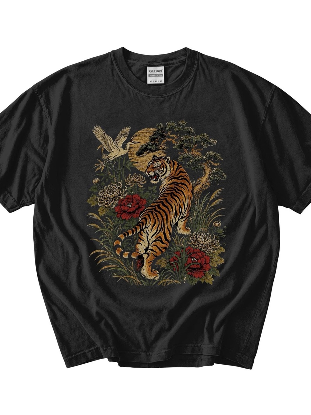 Gildan Black Tee with Vintage Tiger & Floral Artwork